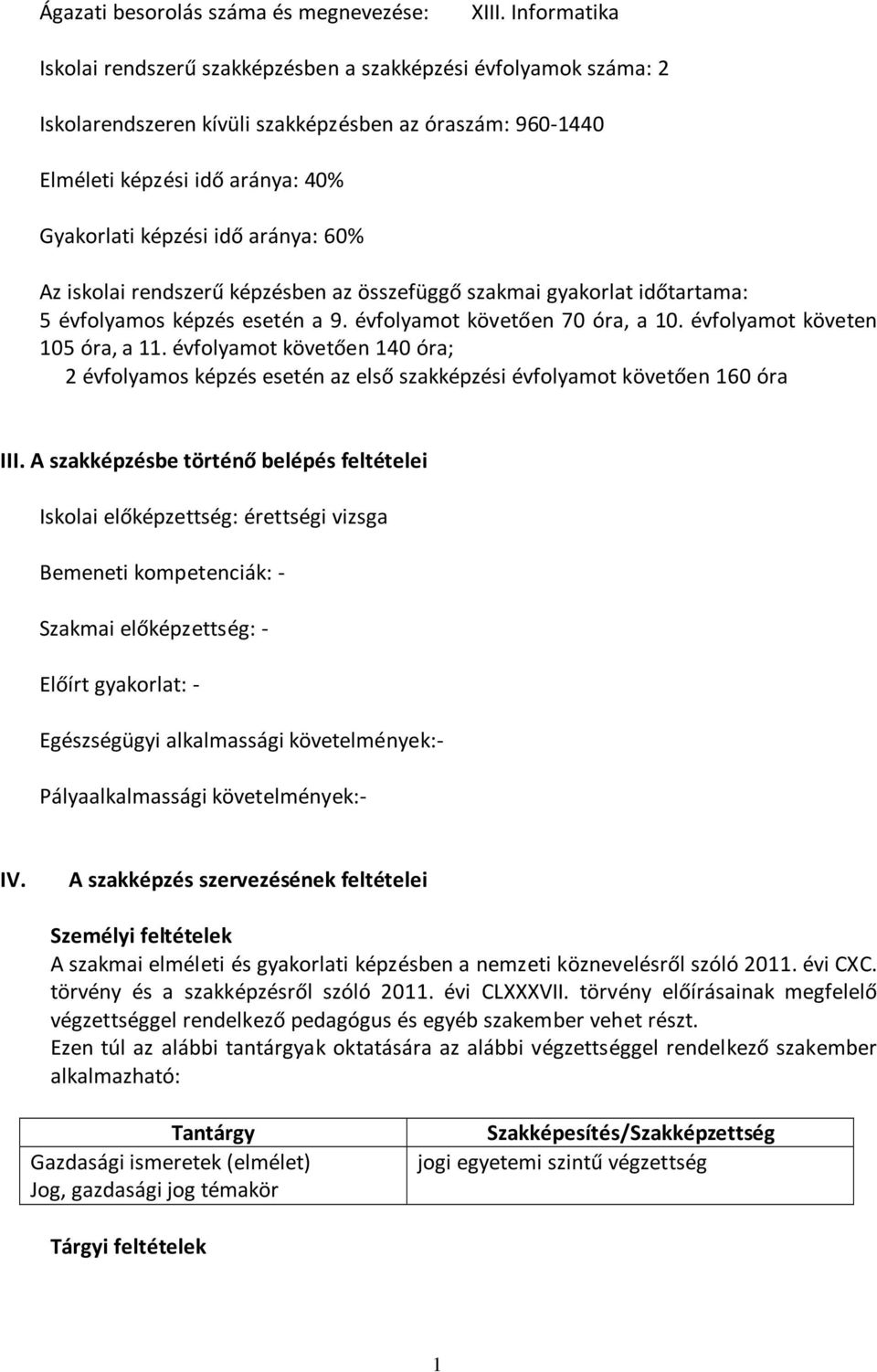 aránya: 60% Az iskolai rendszerű képzésben az összefüggő szakmai gyakorlat időtartama: 5 évfolyamos képzés esetén a 9. évfolyamot követően 70 óra, a 10. évfolyamot követen 105 óra, a 11.