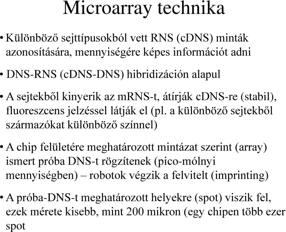 a különböző sejtekből származókat különböző színnel) A chip felületére meghatározott mintázat szerint (array) ismert próba DNS-t rögzítenek