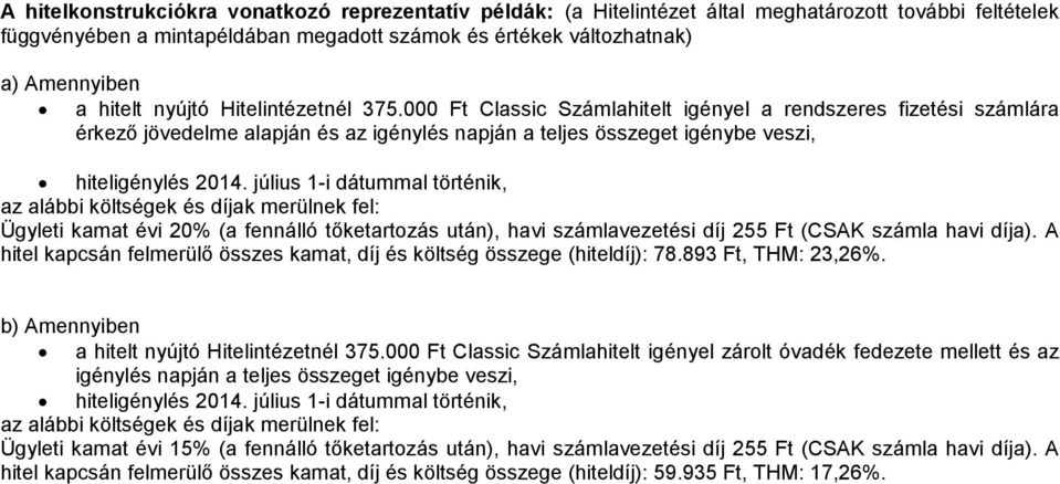 július 1-i dátummal történik, az alábbi költségek és díjak merülnek fel: Ügyleti kamat évi 20% (a fennálló tőketartozás után), havi számlavezetési díj 255 Ft (CSAK számla havi díja).