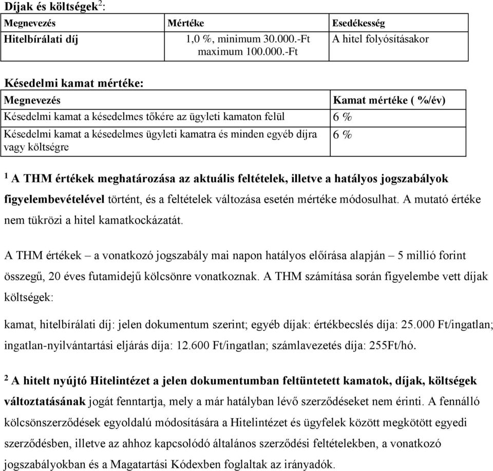 -Ft A hitel folyósításakor Késedelmi kamat mértéke: Megnevezés Kamat mértéke ( %/év) Késedelmi kamat a késedelmes tőkére az ügyleti kamaton felül 6 % Késedelmi kamat a késedelmes ügyleti kamatra és