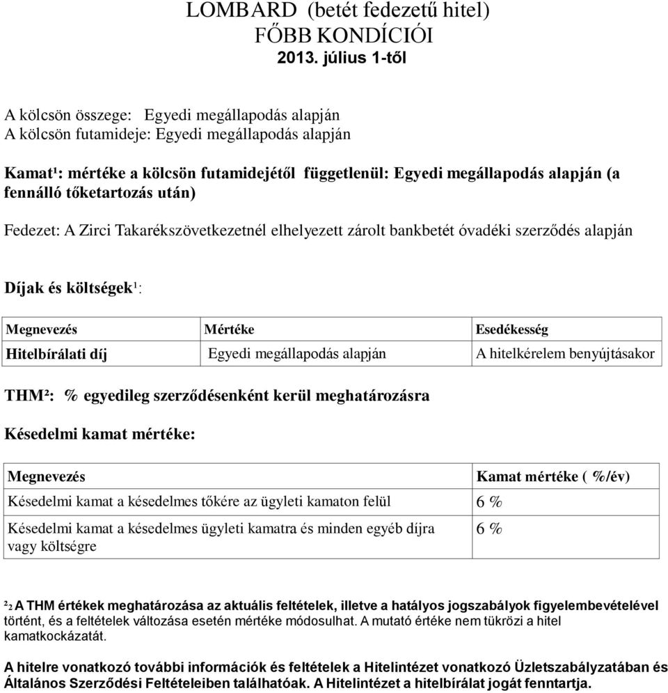 fennálló tőketartozás után) Fedezet: A Zirci Takarékszövetkezetnél elhelyezett zárolt bankbetét óvadéki szerződés alapján Díjak és költségek¹: Megnevezés Mértéke Esedékesség Hitelbírálati díj Egyedi