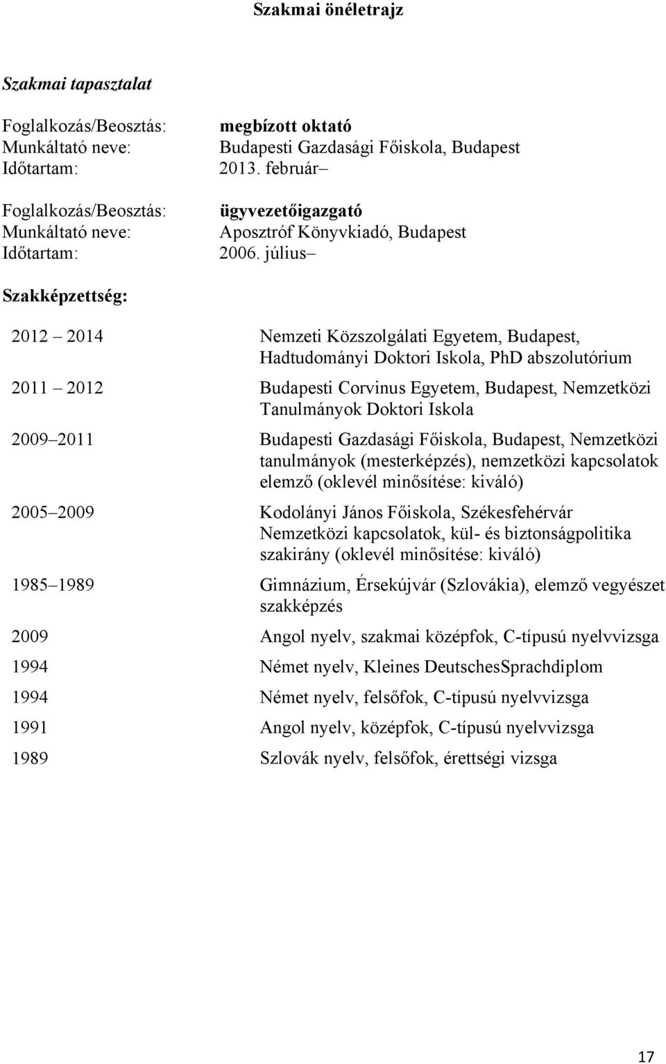 július Szakképzettség: 2012 2014 2011 2012 2009 2011 2005 2009 1985 1989 2009 1994 1994 1991 1989 Nemzeti Közszolgálati Egyetem, Budapest, Hadtudományi Doktori Iskola, PhD abszolutórium Budapesti