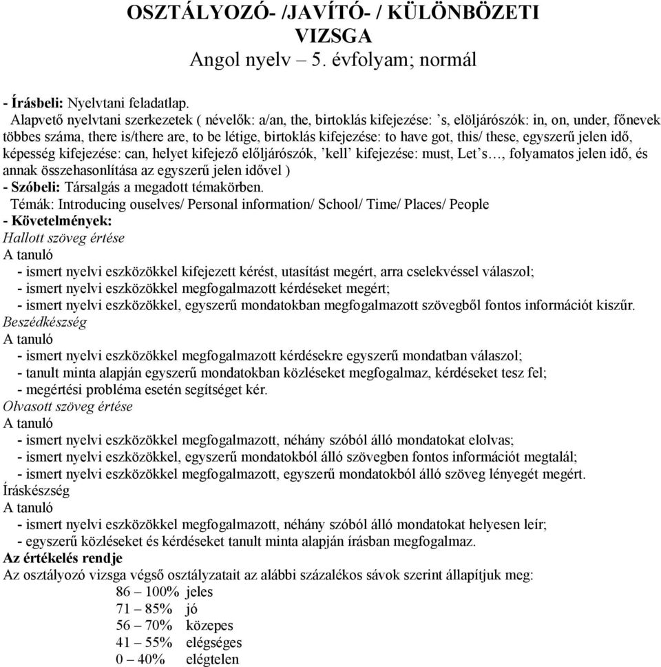 this/ these, egyszerű jelen idő, képesség kifejezése: can, helyet kifejező előljárószók, kell kifejezése: must, Let s, folyamatos jelen idő, és annak összehasonlítása az egyszerű jelen idővel ) -