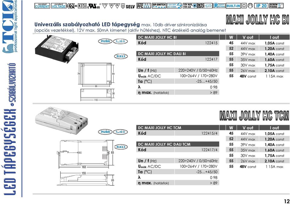 Kód 122417 55 35V max 1,60A const 55 30V max 1,75A const Un / f (Hz) 220 240V / 0/50 60Hz 55 26V max 2,10A const Umük AC/DC 100 264V / 170 280V 55 48V const 1 15A max Ta ( C) -25 +45/50 λ 0 98 η max.