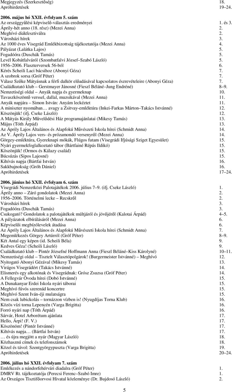Levél Kobátfalváról (Szombatfalvi József Szabó László) 5. 1956 2006. Flaszterversek 56-ból 6. Kérés Scheili Laci bácsihoz (Abonyi Géza) 7. A szobrok sorsa (Gróf Péter) 7.