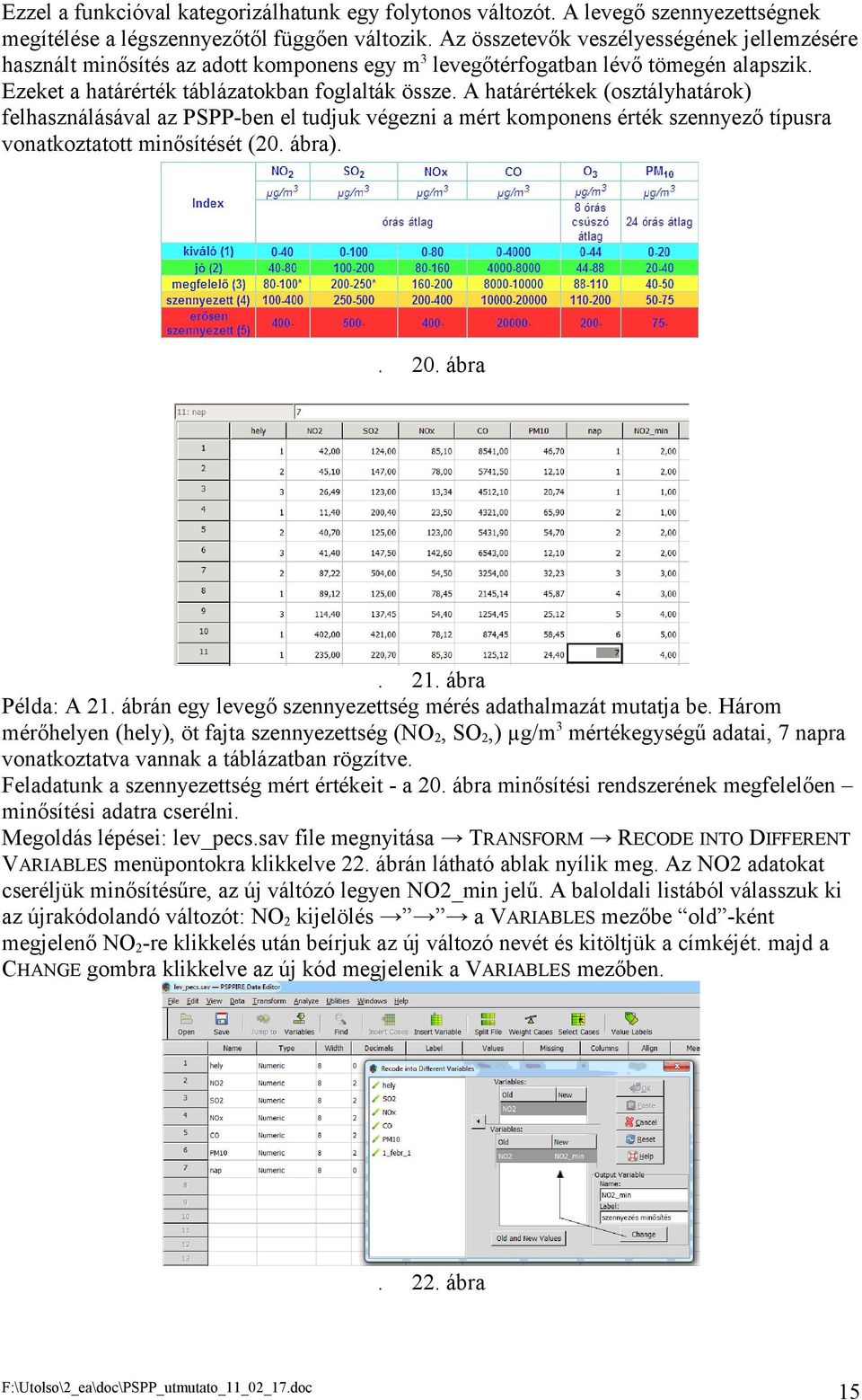 A határértékek (osztályhatárok) felhasználásával az PSPP-ben el tudjuk végezni a mért komponens érték szennyező típusra vonatkoztatott minősítését (20. ábra).. 20. ábra. 21. ábra Példa: A 21.