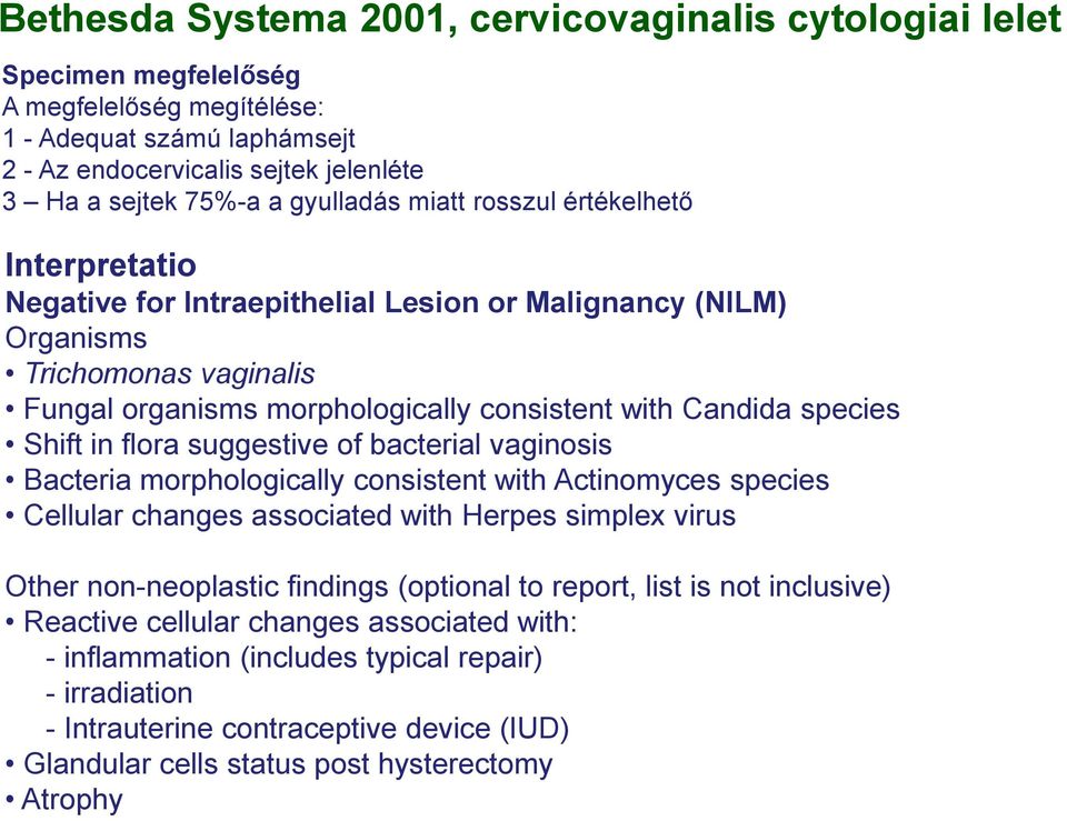 species Shift in flora suggestive of bacterial vaginosis Bacteria morphologically consistent with Actinomyces species Cellular changes associated with Herpes simplex virus Other non-neoplastic