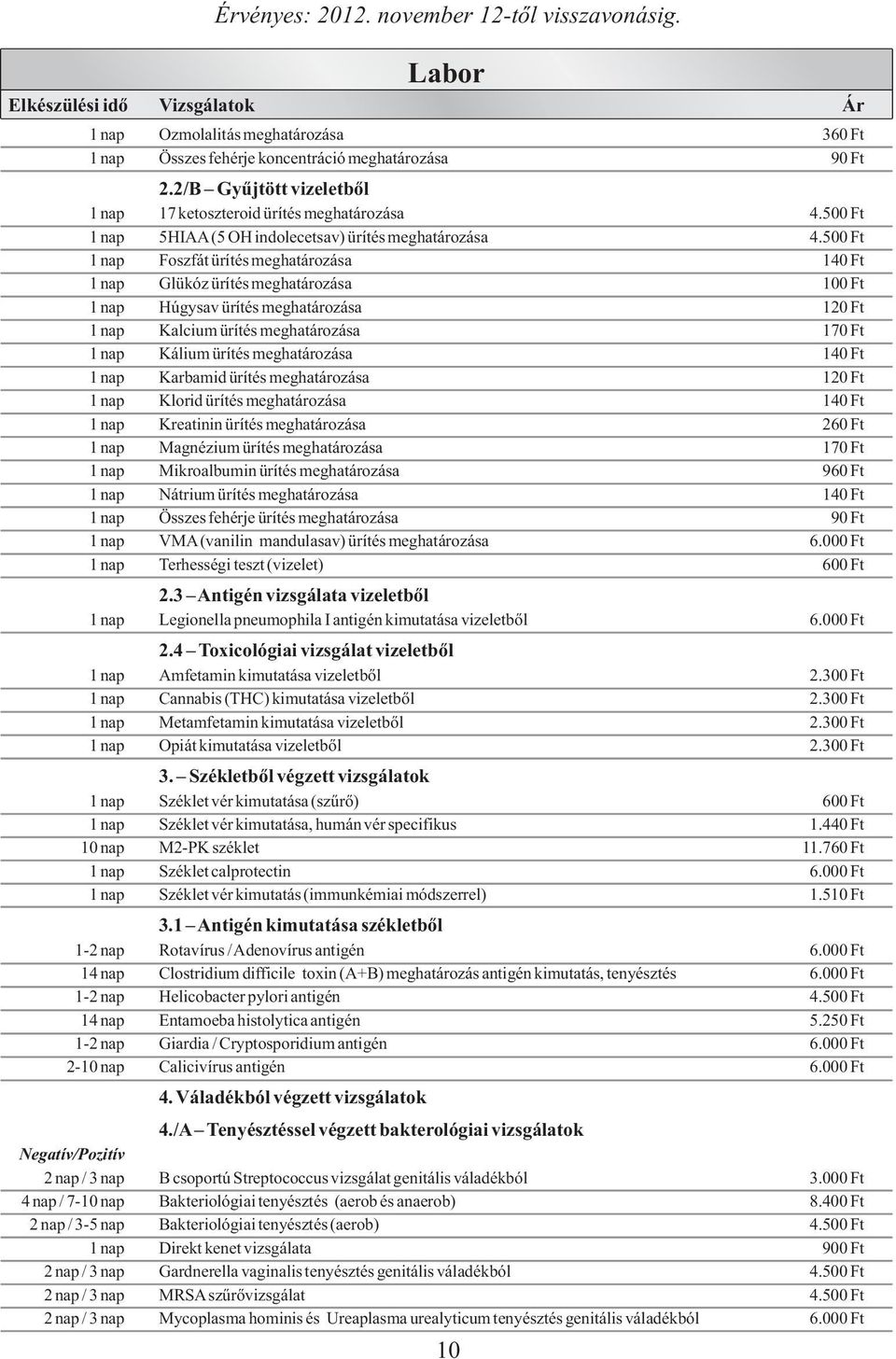 500 Ft 1 nap Foszfát ürítés meghatározása 140 Ft 1 nap Glükóz ürítés meghatározása 100 Ft 1 nap Húgysav ürítés meghatározása 120 Ft 1 nap Kalcium ürítés meghatározása 170 Ft 1 nap Kálium ürítés