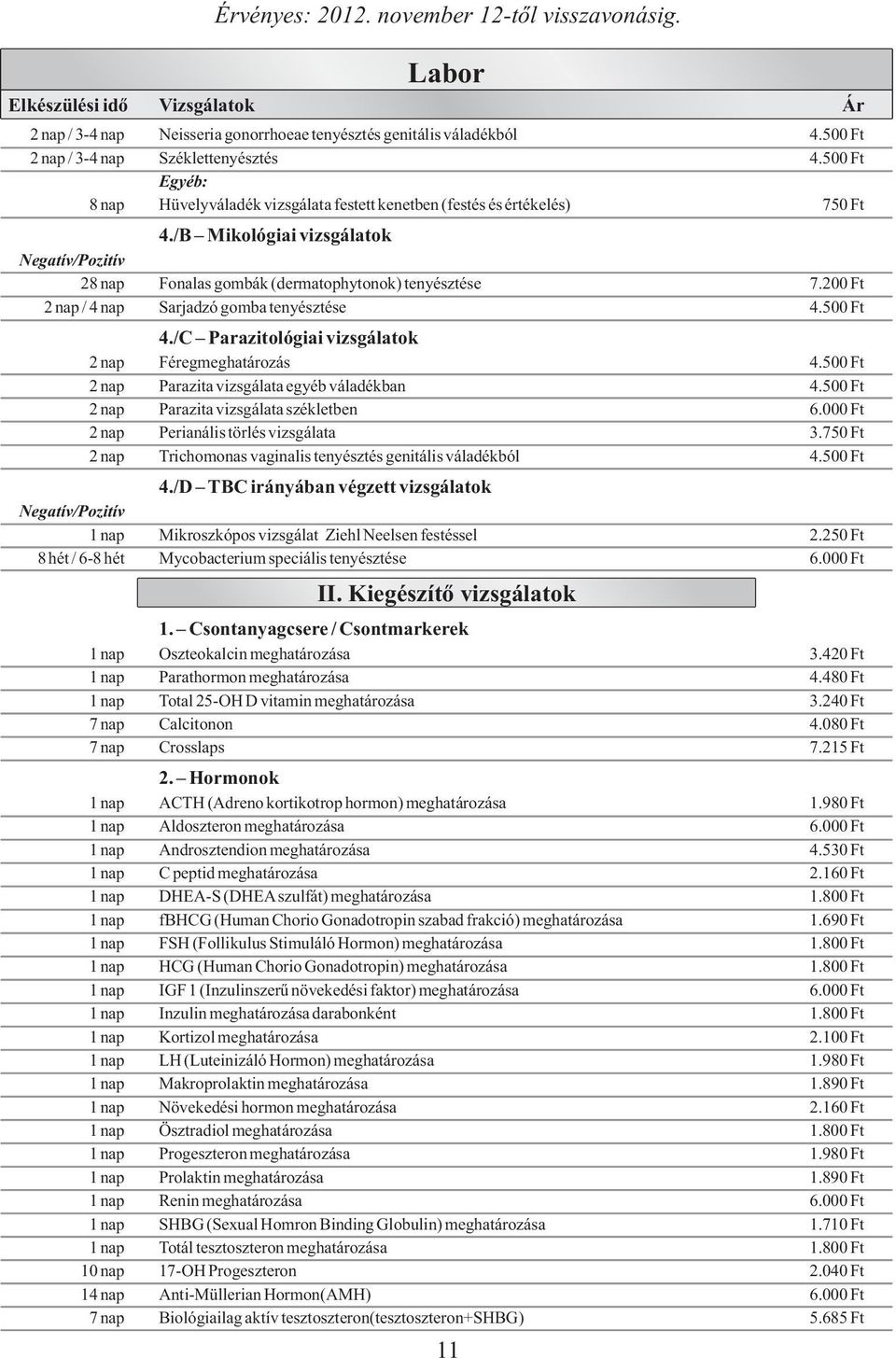 200 Ft 2 nap / 4 nap Sarjadzó gomba tenyésztése 4.500 Ft 4./C Parazitológiai vizsgálatok 2 nap Féregmeghatározás 4.500 Ft 2 nap Parazita vizsgálata egyéb váladékban 4.