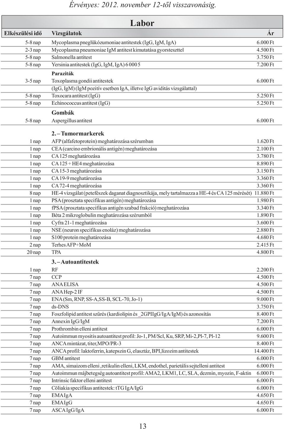 200 Ft Paraziták 3-5 nap Toxoplasma gondii antitestek 6.000 Ft (IgG, IgM) (IgM pozitív esetben IgA, illetve IgG aviditás vizsgálattal) 5-8 nap Toxocara antitest (IgG) 5.