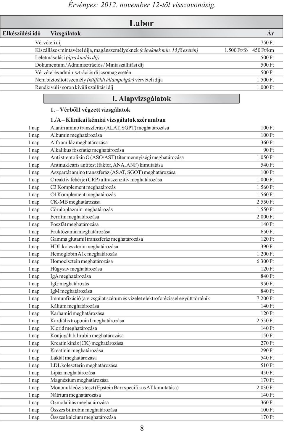díja Rendkívüli / soron kívüli szállítási díj 1. Vérből1 végzett vizsgálatok I. Alapvizsgálatok 8 750 Ft 1.500 Ft/fő + 450 Ft/km 500 Ft 500 Ft 500 Ft 1.500 Ft 1.000 Ft 1.
