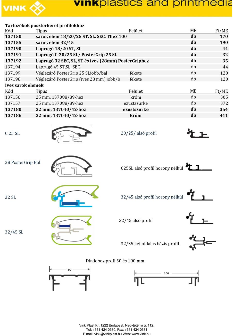 Véglezáró PosterGrip (íves 28 mm) jobb/bal fekete db 120 Íves sarok elemek Kód Típus Felület ME Ft/ME 137156 25 mm, 137088/89-hez króm db 305 137157 25 mm, 137088/89-hez ezüstszürke db 372 137180 32