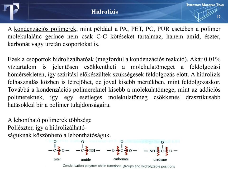 01% víztartalom is jelentősen csökkentheti a molekulatömeget a feldolgozási hőmérsékleten, így szárítási előkészültek szükségesek feldolgozás előtt.