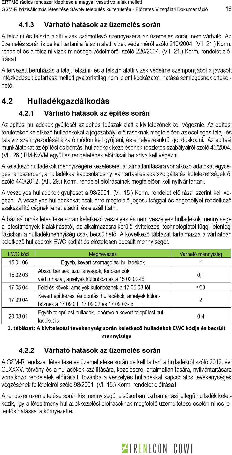 Az üzemelés során is be kell tartani a felszín alatti vizek védelméről szóló 219/2004. (VII. 21.) Korm. rendelet és a felszíni vizek minősége védelméről szóló 220/2004. (VII. 21.) Korm. rendelet előírásait.