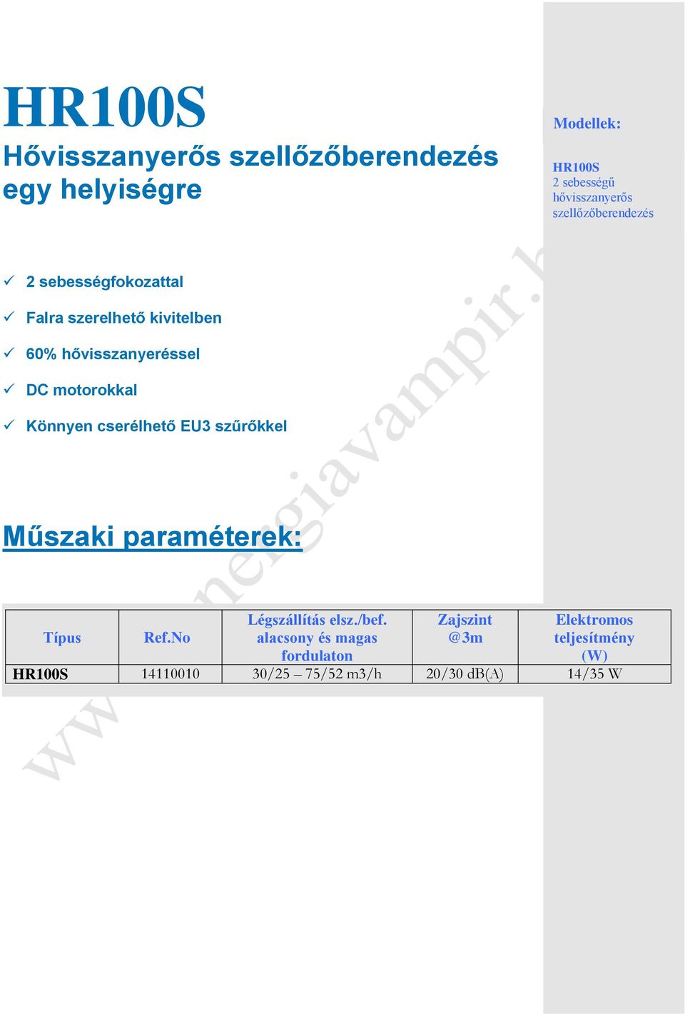 cserélhető EU3 szűrőkkel Műszaki paraméterek: Típus Ref.No Légszállítás elsz./bef.