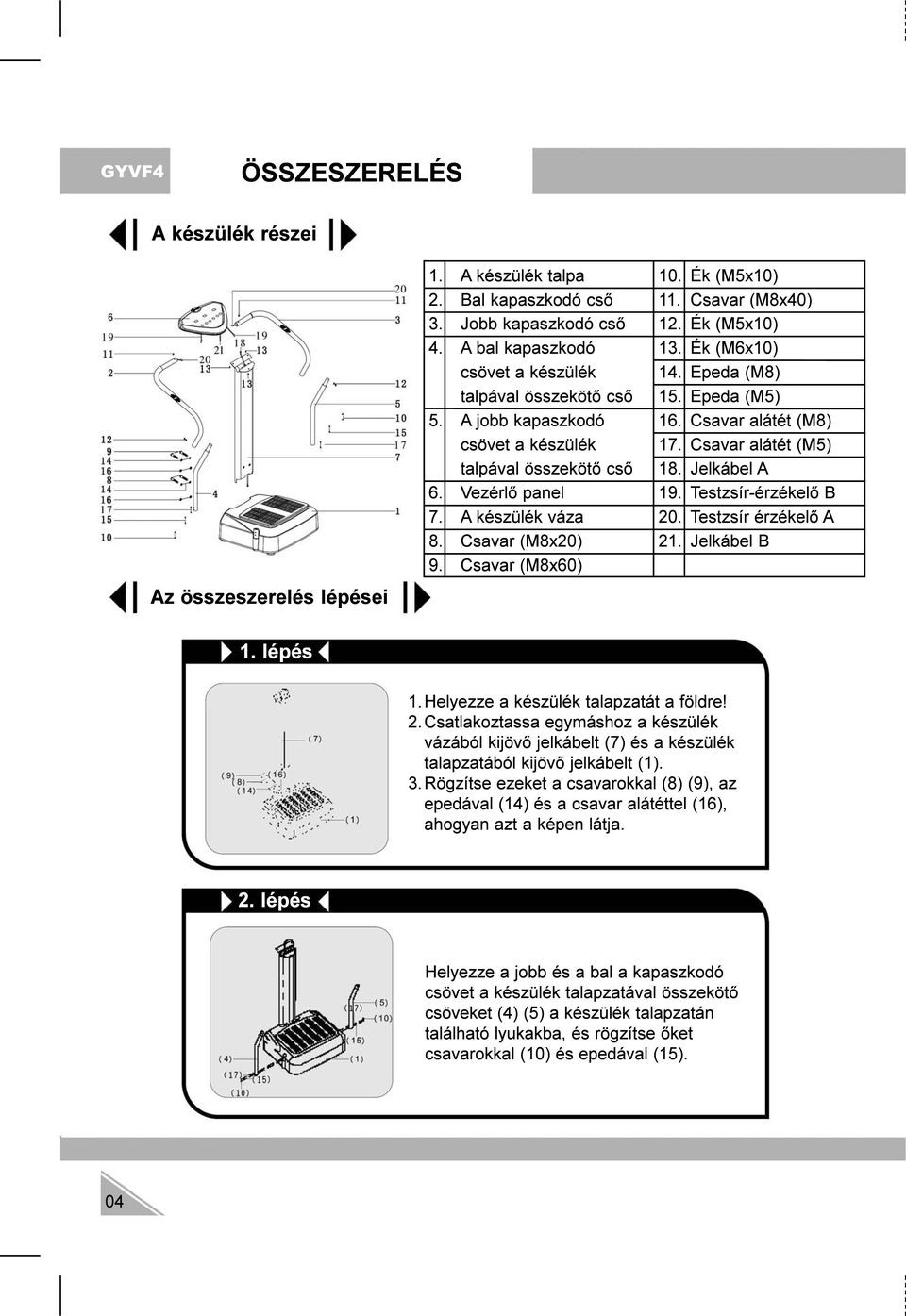 Epeda (M8) 15. Epeda (M5) 16. Csavar alátét (M8) 17. Csavar alátét (M5) 18. Jelkábel A 19. Testzsír-érzékelõ B 20. Testzsír érzékelõ A 21. Jelkábel B Az összeszerelés lépései 1. lépés 1.