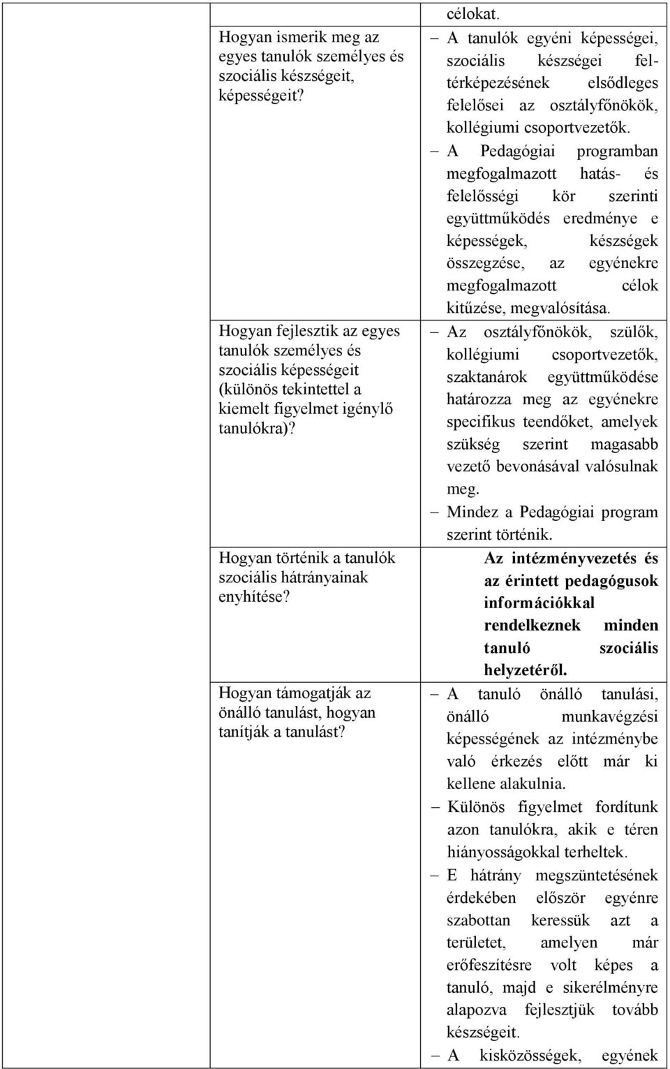 Hogyan támogatják az önálló tanulást, hogyan tanítják a tanulást? célokat.