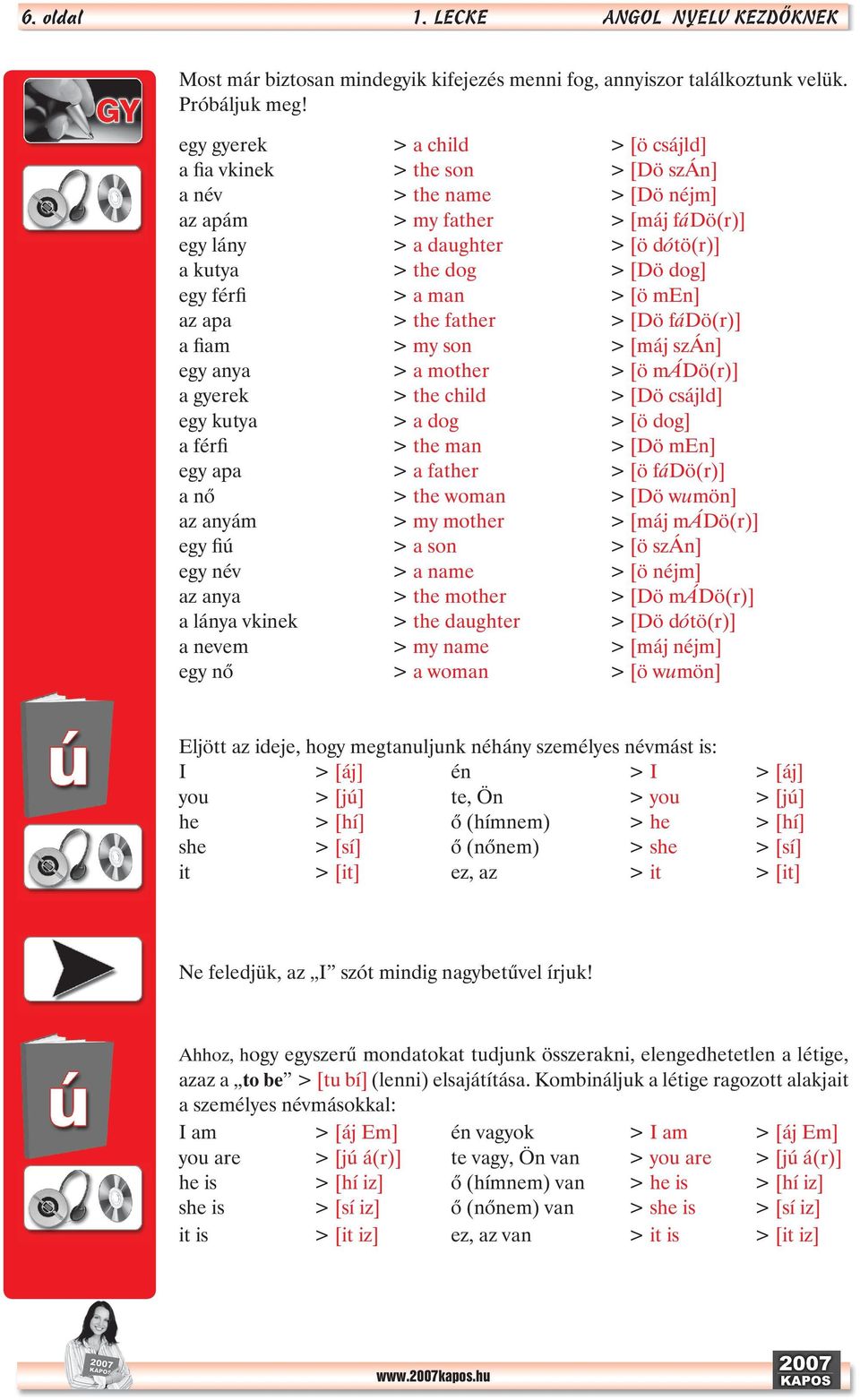 egy férfi > a man > [ö men] az apa > the father > [Dö fádö(r)] a fiam > my son > [máj szán] egy anya > a mother > [ö mádö(r)] a gyerek > the child > [Dö csájld] egy kutya > a dog > [ö dog] a férfi >