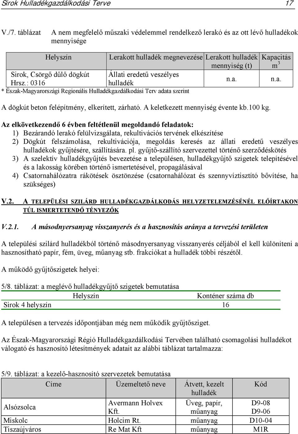 Állati eredetű veszélyes n.a. Hrsz.: 0316 hulladék * Észak-Magyarországi Regionális Hulladékgazdálkodási Terv adata szerint Kapacitás m 3 n.a. A dögkút beton felépítmény, elkerített, zárható.