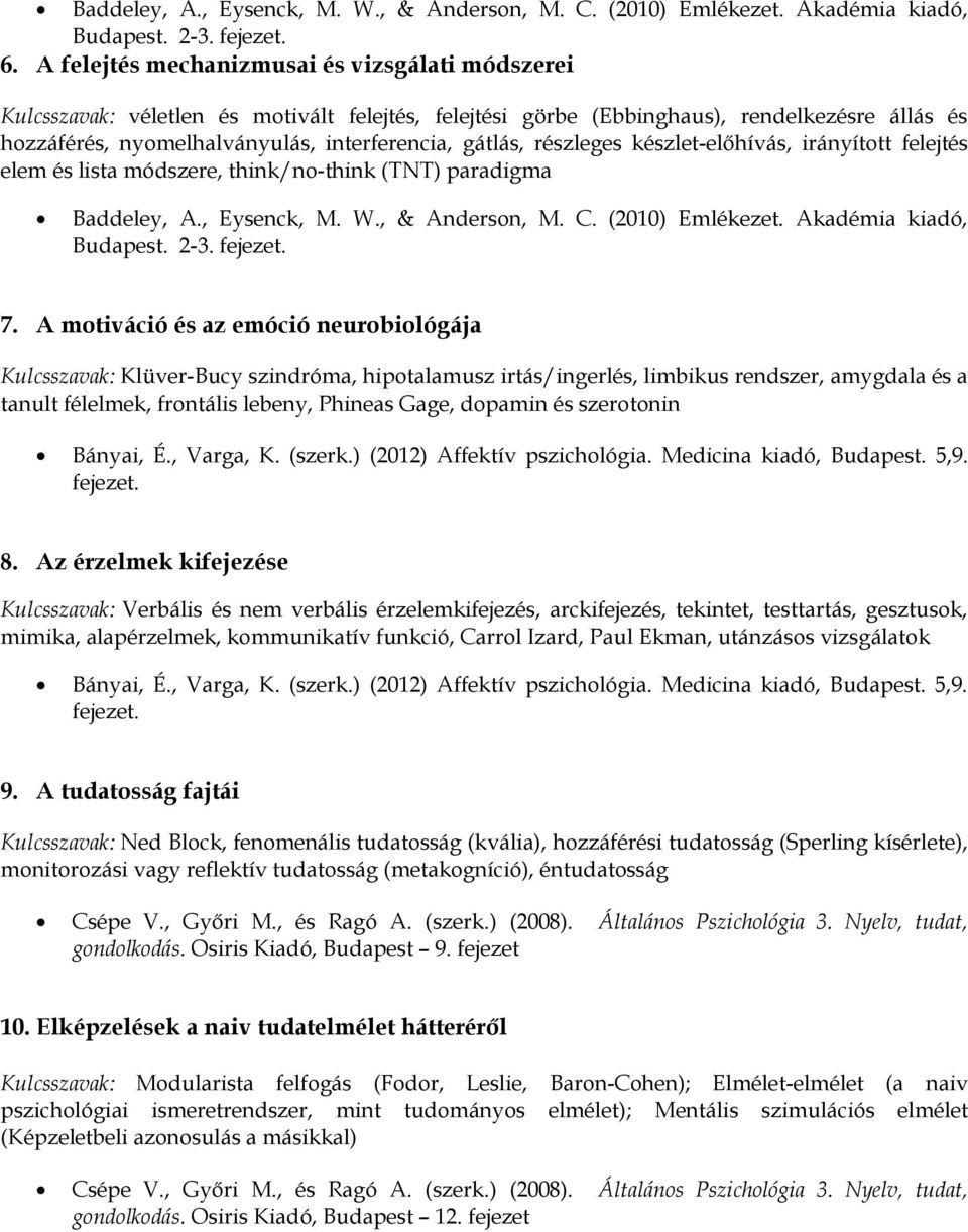 részleges készlet-előhívás, irányított felejtés elem és lista módszere, think/no-think (TNT) paradigma Baddeley, A., Eysenck, M. W., & Anderson, M. C. (2010) Emlékezet. Akadémia kiadó, Budapest. 2-3.