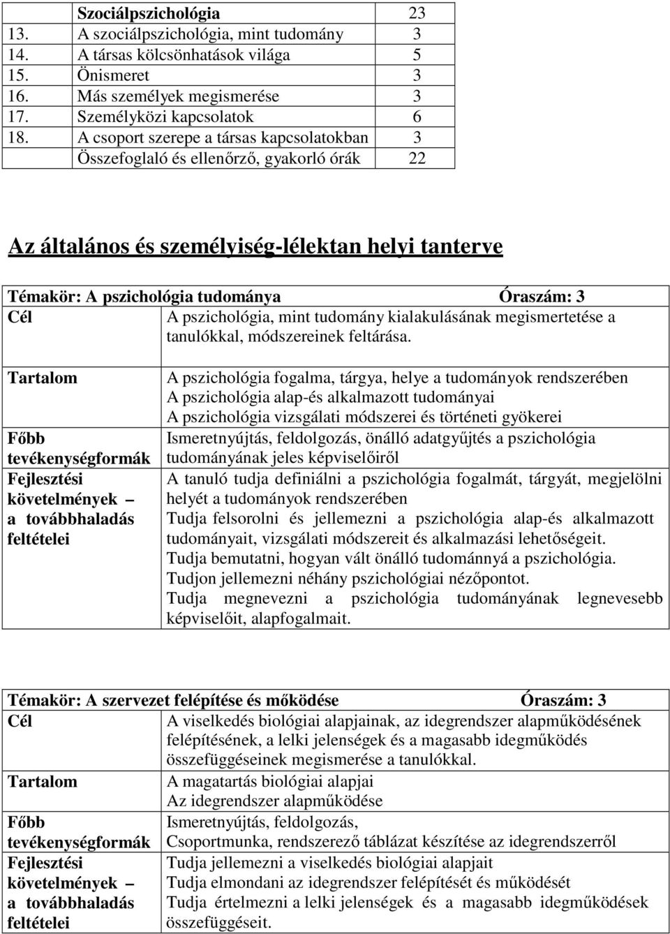 pszichológia, mint tudomány kialakulásának megismertetése a tanulókkal, módszereinek feltárása.