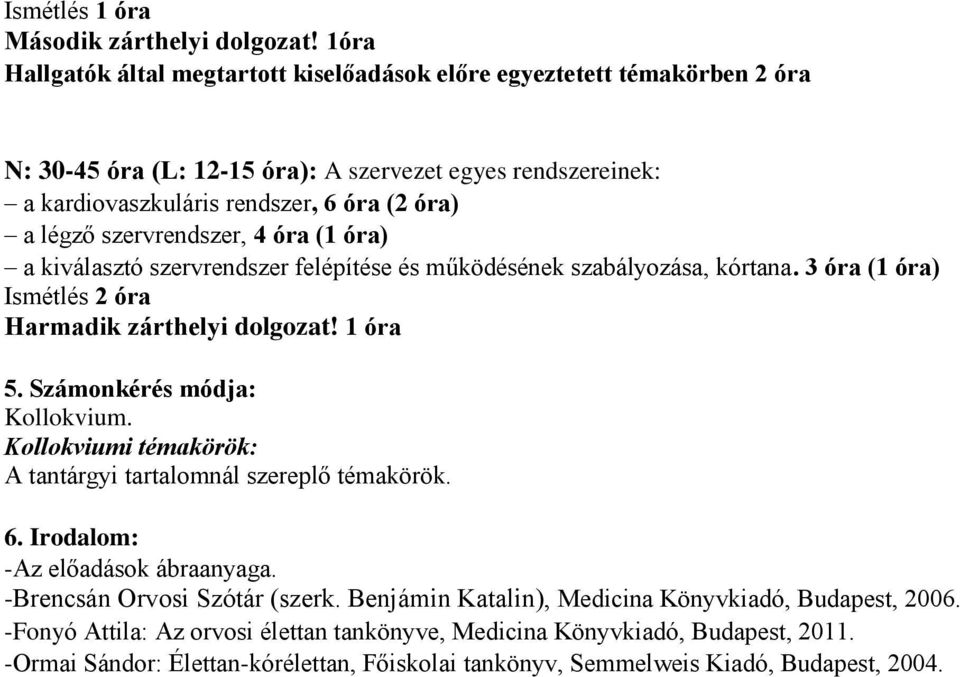 szervrendszer, 4 óra (1 óra) a kiválasztó szervrendszer felépítése és működésének szabályozása, kórtana. 3 óra (1 óra) Ismétlés 2 óra Harmadik zárthelyi dolgozat! 1 óra 5.