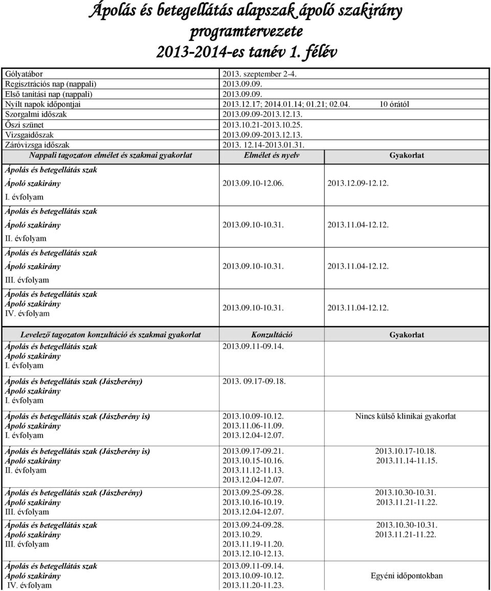 12.14-2013.01.31. Nappali tagozaton elmélet és szakmai gyakorlat Elmélet és nyelv Gyakorlat Ápolás és betegellátás szak szakirány 2013.09.10-12.06. 2013.12.09-12.12. I.