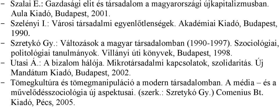 Szociológiai, politológiai tanulmányok. Villányi úti könyvek, Budapest, 1998. - Utasi Á.: A bizalom hálója. Mikrotársadalmi kapcsolatok, szolidaritás.