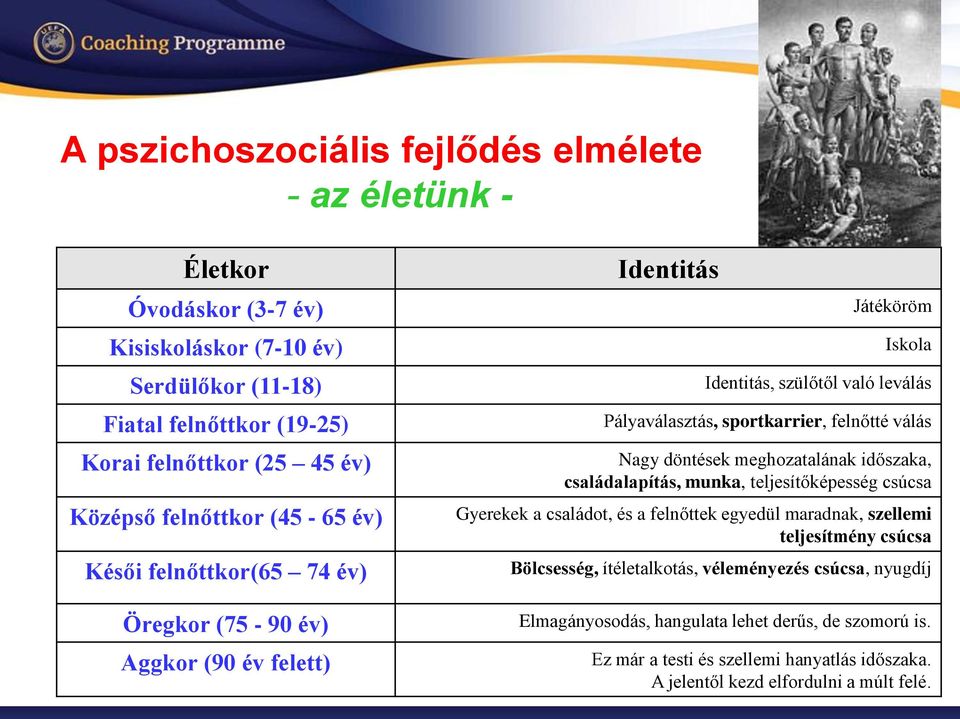 felnőtté válás Nagy döntések meghozatalának időszaka, családalapítás, munka, teljesítőképesség csúcsa Gyerekek a családot, és a felnőttek egyedül maradnak, szellemi teljesítmény csúcsa