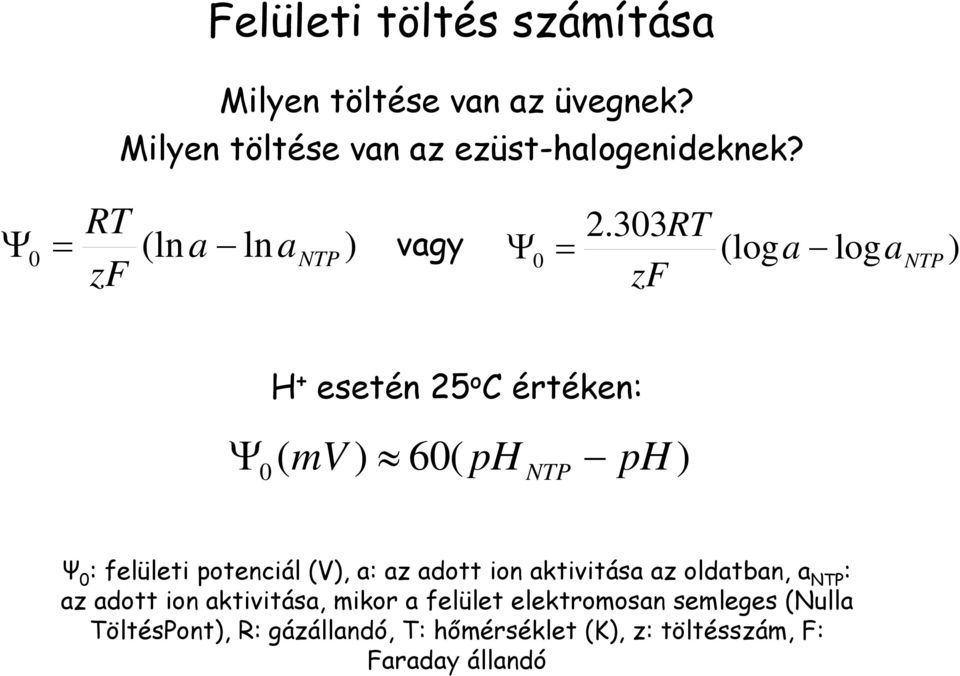303RT zf (loga loga 0 NTP ) H + esetén 25 o C értéken: 0( mv ) 60( ph NTP ph ) Ψ 0 : felületi potenciál (V),
