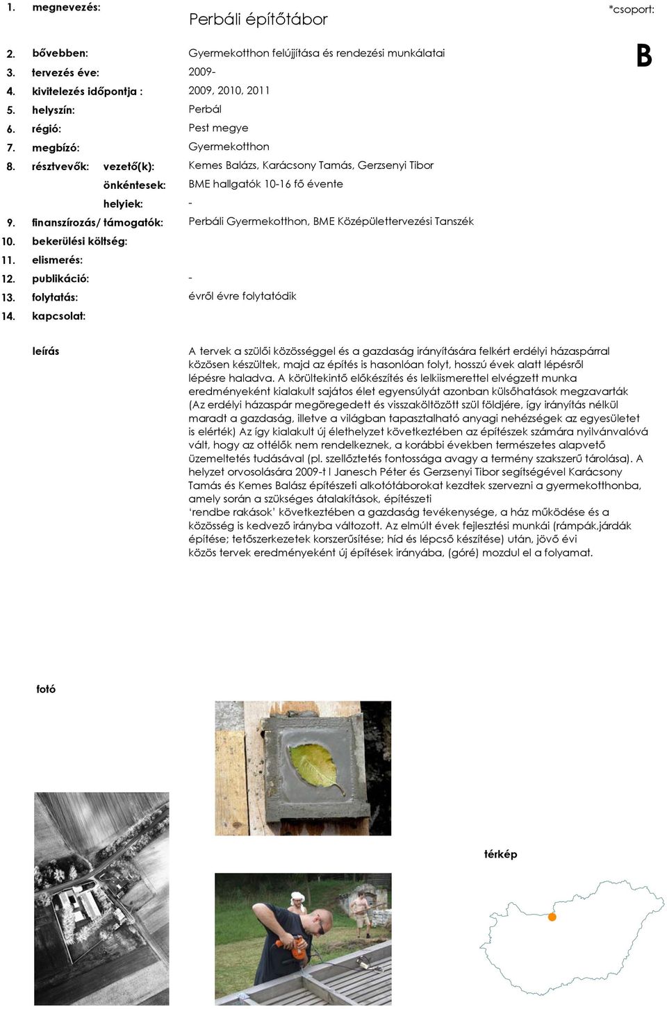 finanszírozás/ támogatók: Perbáli Gyermekotthon, BME Középülettervezési Tanszék 10. bekerülési költség: 11. elismerés: 12. publikáció: - 13. folytatás: évről évre folytatódik 14.