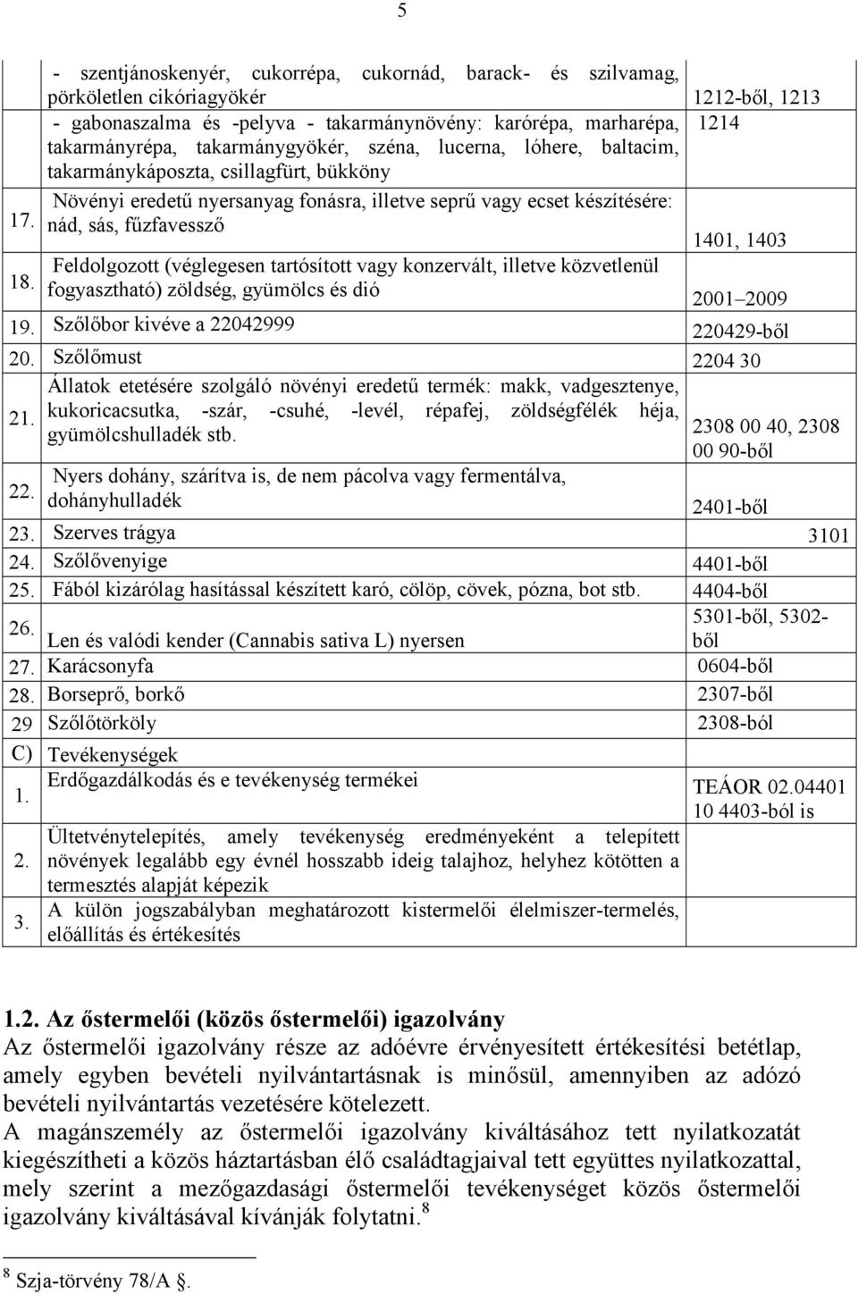 Növényi eredetű nyersanyag fonásra, illetve seprű vagy ecset készítésére: nád, sás, fűzfavessző 1401, 1403 18.