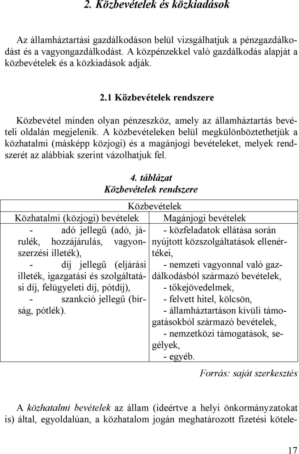 A közbevételeken belül megkülönböztethetjük a közhatalmi (másképp közjogi) és a magánjogi bevételeket, melyek rendszerét az alábbiak szerint vázolhatjuk fel. 4.