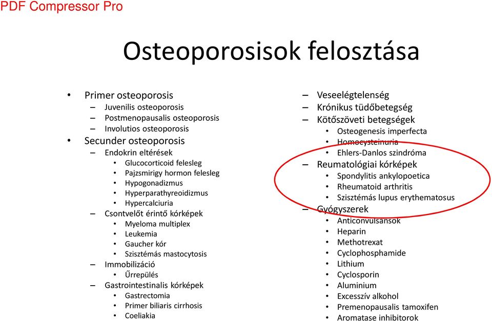 Gastrointestinalis kórképek Gastrectomia Primer biliaris cirrhosis Coeliakia Veseelégtelenség Krónikus tüdőbetegség Kötőszöveti betegségek Osteogenesis imperfecta Homocysteinuria Ehlers-Danlos