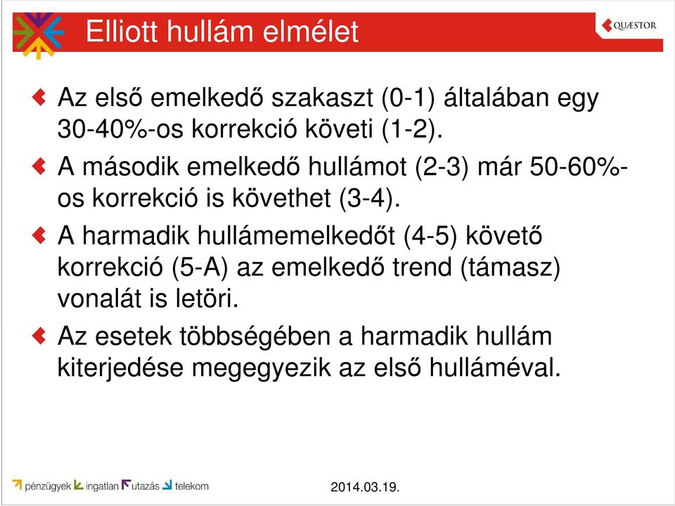 A harmadik hullámemelkedőt (4-5) követő korrekció (5-A) az emelkedő trend (támasz) vonalát