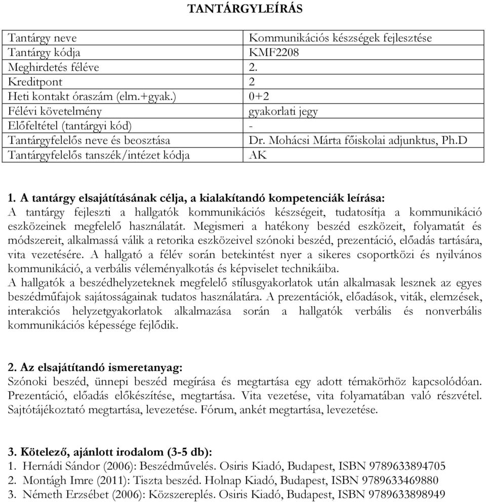 Megismeri a hatékony beszéd eszközeit, folyamatát és módszereit, alkalmassá válik a retorika eszközeivel szónoki beszéd, prezentáció, előadás tartására, vita vezetésére.