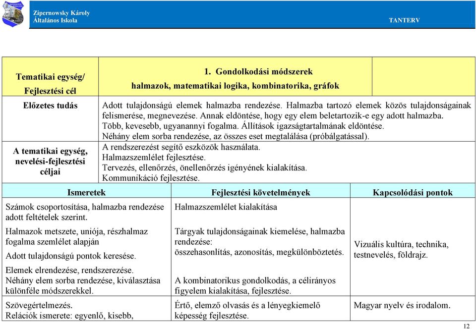 Annak eldöntése, hogy egy elem beletartozik-e egy adott halmazba. Több, kevesebb, ugyanannyi fogalma. Állítások igazságtartalmának eldöntése.