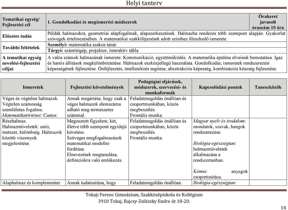 A matematikai szakkifejezések adott szinthez illeszkedő ismerete. Személyi: matematika szakos tanár Tárgyi: számítógép, projektor, interaktív tábla A valós számok halmazának ismerete.