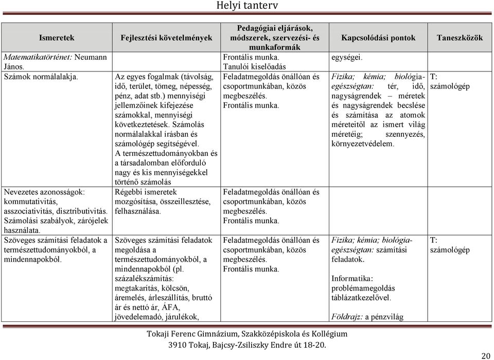 ) mennyiségi jellemzőinek kifejezése számokkal, mennyiségi következtetések. Számolás normálalakkal írásban és számológép segítségével.