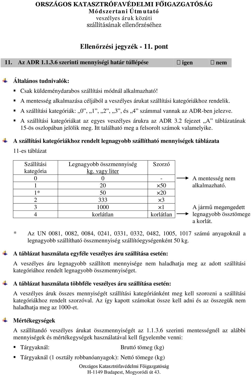 A szállítási kategóriákat az egyes veszélyes árukra az ADR 3.2 fejezet A táblázatának 15-ös oszlopában jelölik meg. Itt található meg a felsorolt számok valamelyike.