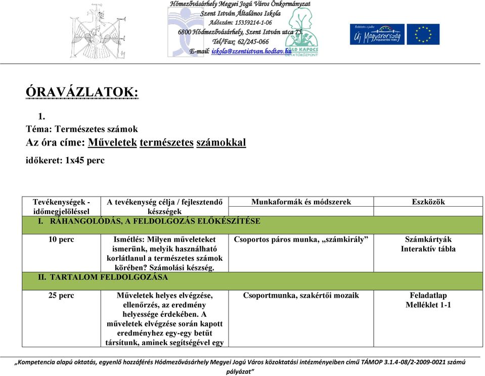 RÁHANGOLÓDÁS, A FELDOLGOZÁS ELŐKÉSZÍTÉSE Eszközök 10 perc Ismétlés: Milyen műveleteket ismerünk, melyik használható korlátlanul a természetes számok körében? Számolási készség. II.