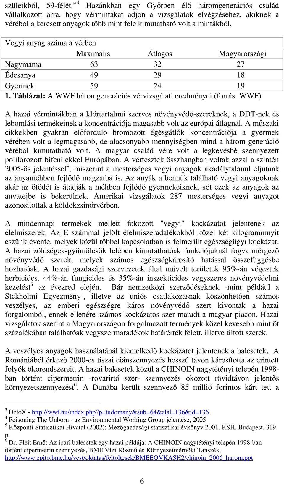 mintákból. Vegyi anyag száma a vérben Maximális Átlagos Magyarországi Nagymama 63 32 27 Édesanya 49 29 18 Gyermek 59 24 19 1.