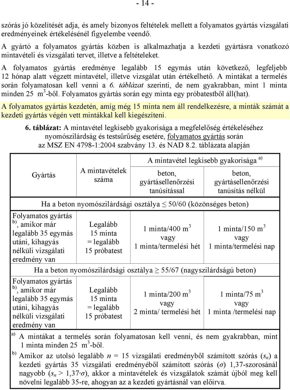 A folyamatos gyártás eredménye legalább 15 egymás után következő, legfeljebb 12 hónap alatt végzett mintavétel, illetve vizsgálat után értékelhető.