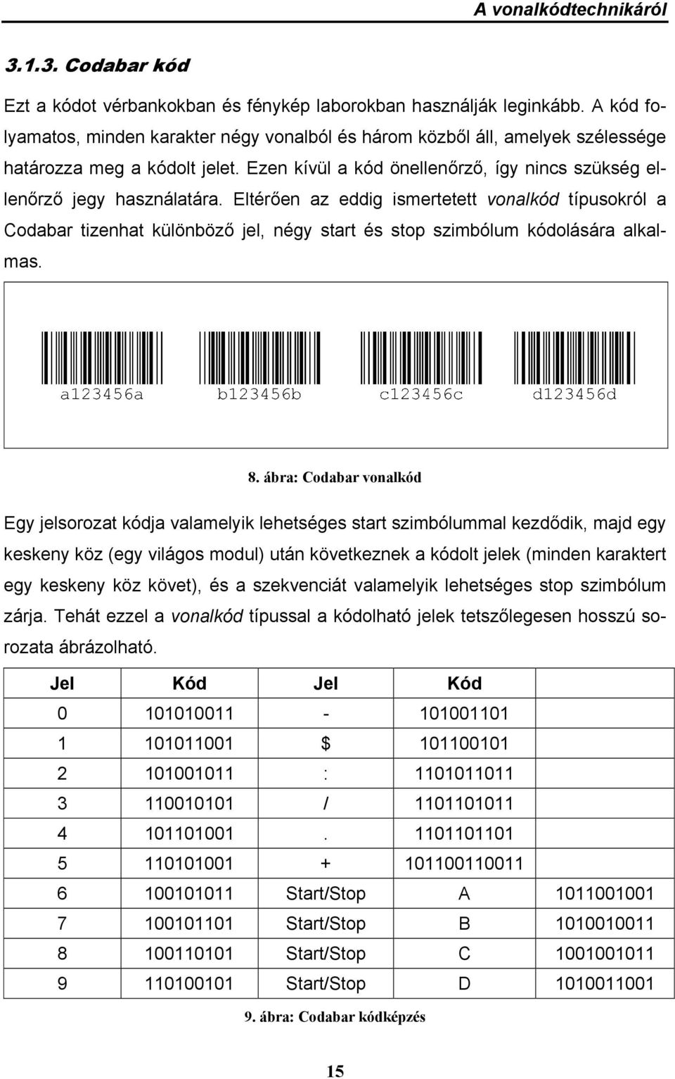 Eltérően az eddig ismertetett vonalkód típusokról a Codabar tizenhat különböző jel, négy start és stop szimbólum kódolására alkalmas. 8.