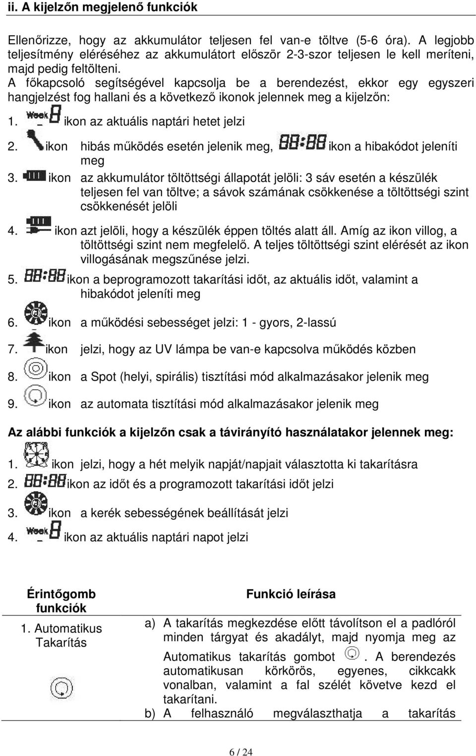 A főkapcsoló segítségével kapcsolja be a berendezést, ekkor egy egyszeri hangjelzést fog hallani és a következő ikonok jelennek meg a kijelzőn: 1. ikon az aktuális naptári hetet jelzi 2.