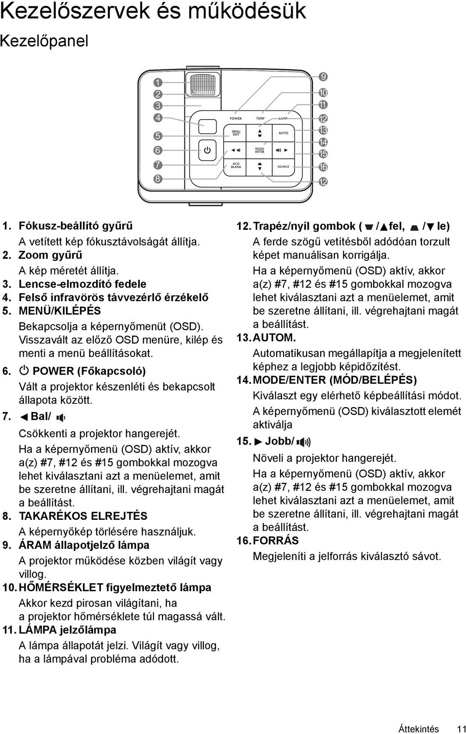 POWER (Főkapcsoló) Vált a projektor készenléti és bekapcsolt állapota között. 7. Bal/ Csökkenti a projektor hangerejét.