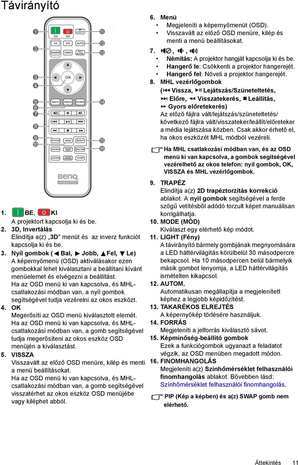 Ha az OSD menü ki van kapcsolva, és MHLcsatlakozási módban van, a gomb segítségével tudja megerősíteni az okos eszköz OSD menüjén a kiválasztást. 5.