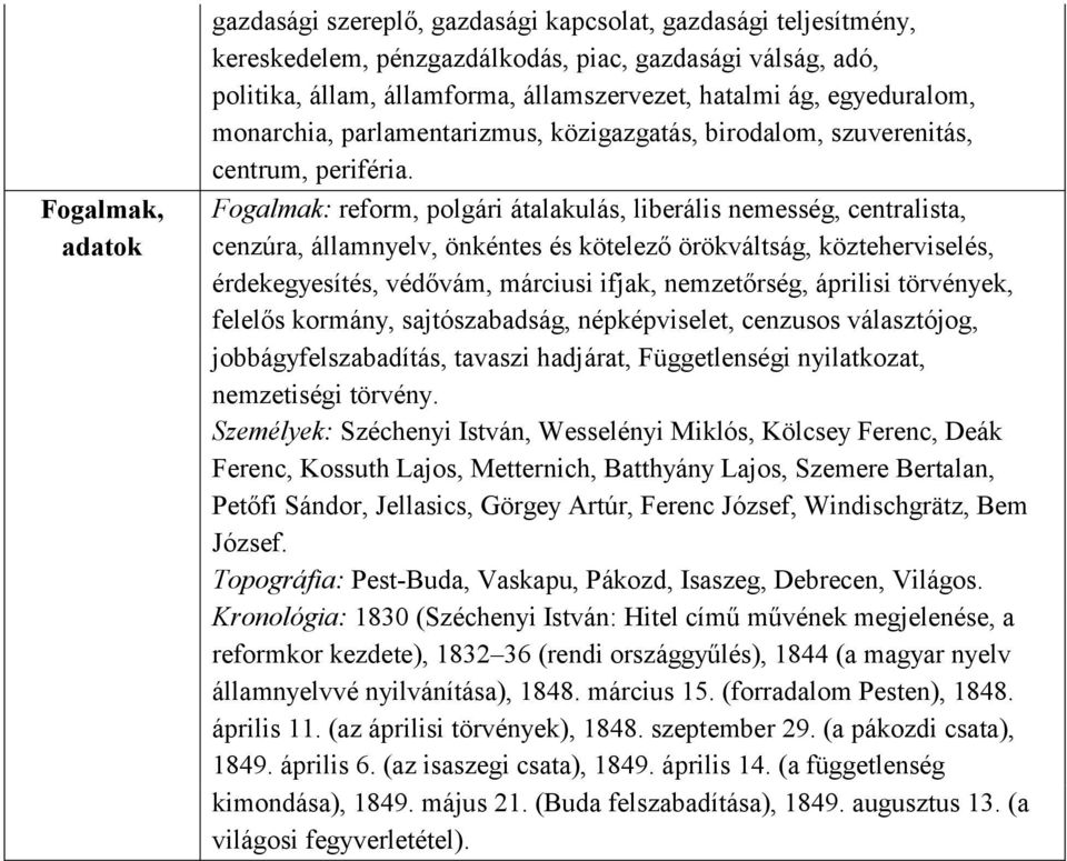 Fogalmak: reform, polgári átalakulás, liberális nemesség, centralista, cenzúra, államnyelv, önkéntes és kötelező örökváltság, közteherviselés, érdekegyesítés, védővám, márciusi ifjak, nemzetőrség,