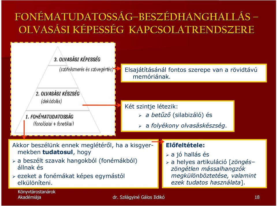 Akkor beszélünk ennek meglétérıl, ha a kisgyermekben tudatosul, hogy a beszélt szavak hangokból (fonémákból) állnak és ezeket a fonémákat képes