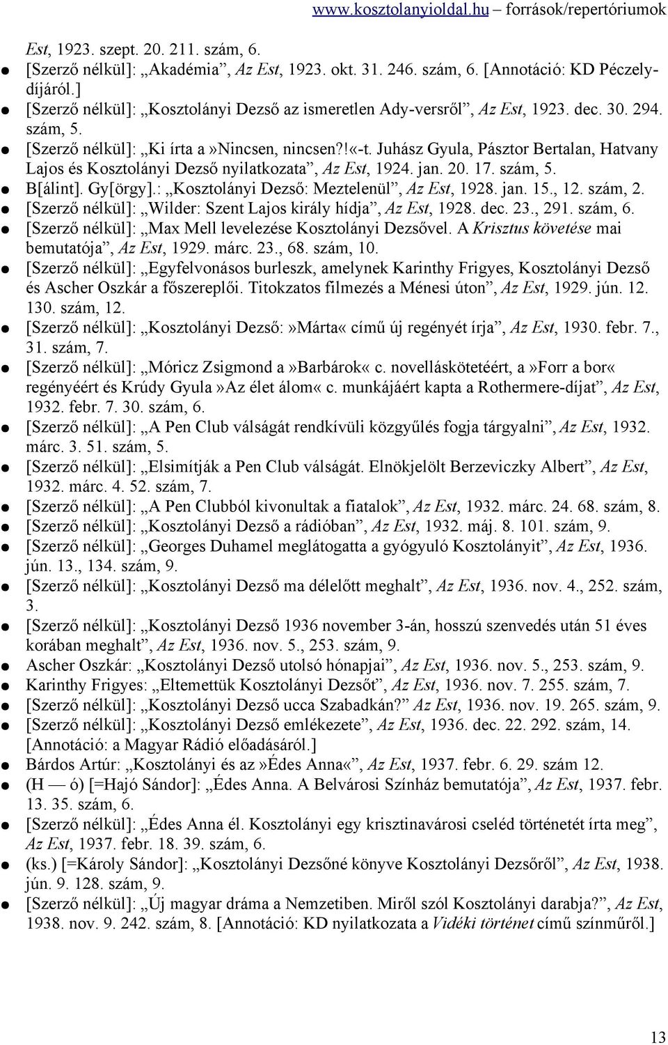 Juhász Gyula, Pásztor Bertalan, Hatvany Lajos és Kosztolányi Dezső nyilatkozata, Az Est, 1924. jan. 20. 17. szám, 5. B[álint]. Gy[örgy].: Kosztolányi Dezső: Meztelenül, Az Est, 1928. jan. 15., 12.